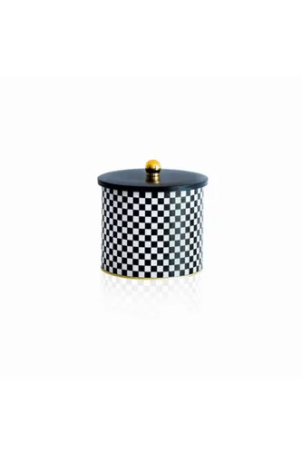 Checkers Black Desenli Topuz Kulplu Yuvarlak Metal Kutu, 17.5 x 15.5 cm, 3.5 lt