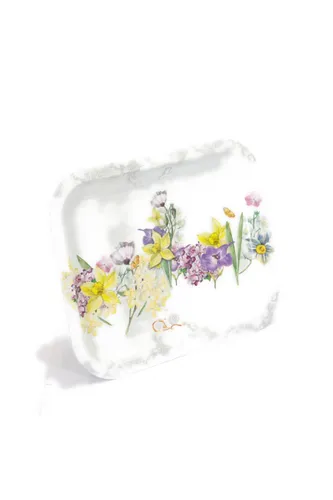 Flower Gray Desenli Küçük Klasik Metal Tepsi, 23 x 30 cm
