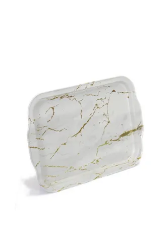 Marble White Desenli Kulplu Metal Tepsi, 21 x 31 cm