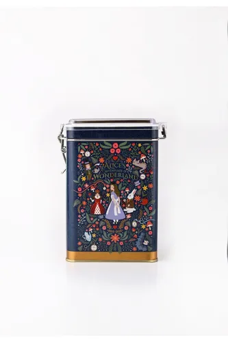 Tales Alices Desenli Kilitli Kapaklı Dikdörtgen Metal Kutu, 7.5 x 10 x 15 cm, 1 lt