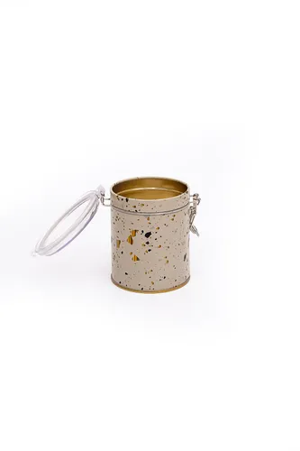 Terrazzo Cream Desenli Kilitli Kapaklı Yuvarlak Metal Kutu, 9 x 11 cm, 0.6 lt