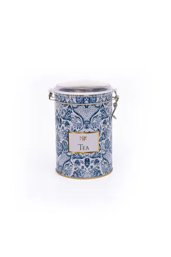 Azulejos Tea Desenli Kilitli Kapaklı Yuvarlak Metal Kutu, 10.5 x 15 cm, 1.1 lt