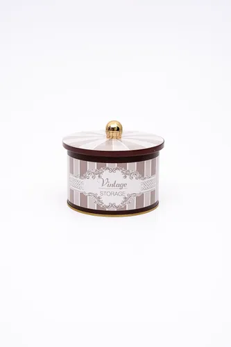 Elegance Burgundy Desenli Topuz Kulplu Yuvarlak Metal Kutu, 14 x 10 cm, 1.3 lt