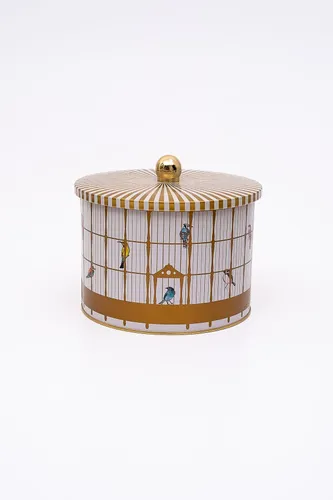 Bird Cage Desenli Topuz Kulplu Yuvarlak Metal Kutu, 17.5 x 13 cm, 2.9 lt