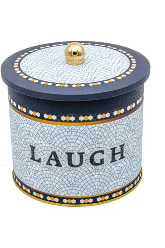 Mosaic Laugh Desenli Topuz Kulplu Yuvarlak Metal Kutu, 17.5 x 15.5 cm, 3.5 lt