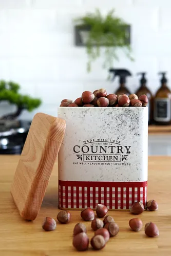 Country Kitchen Desenli Ahşap Kapaklı Metal Kutu, 8 x 12 x 12 cm, 1 lt