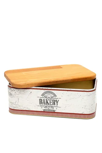 Country Bakery Desenli Ahşap Kapaklı Metal Ekmek Kutusu, 9 lt