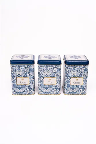 Azulejos Desenli Kare Metal Saklama Kabı 3 lü Set, 10.5 x 10.5 x 16 cm