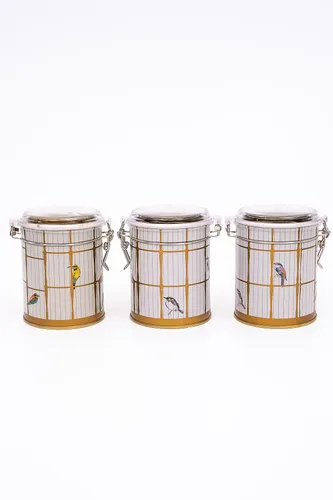 Bird Cage Desenli Kilitli Kapaklı Yuvarlak Metal Saklama Kabı 3 lü Set, 9 x 11 cm
