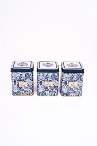 Azulejos Desenli Kare Metal Saklama Kabı 3 lü Set, 7.5 x 7.5 cm
