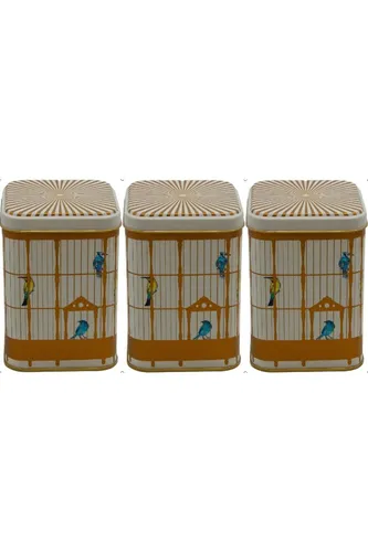 Bird Cage Desenli Kare Metal Saklama Kabı 3 lü Set, 8.7 x 8.7 x 12.5 cm